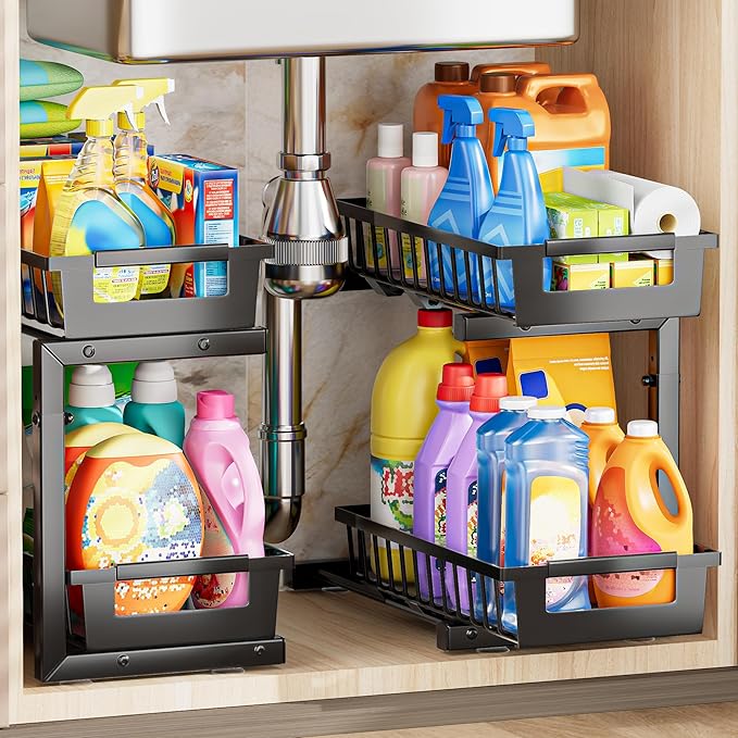 TOFWOF Under Sink Organizer 2 Pack, 2 Tier Adjustable Height Reinforced Carbon Steel Under Kitchen Bathroom Sink Storage Organizer, Smooth Pull-out Under Sink Cabinet Rack Drawer Organizer, Black