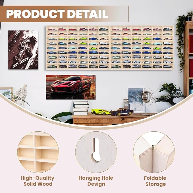 1:64 Model Car Wooden Display Case,108 Grids,Storage Display Shelf,for 1/64 Scale Toy Cars,Wall Mount ,Model car Display Organizer,Collapsible Toy Car Storage(Only One Case)