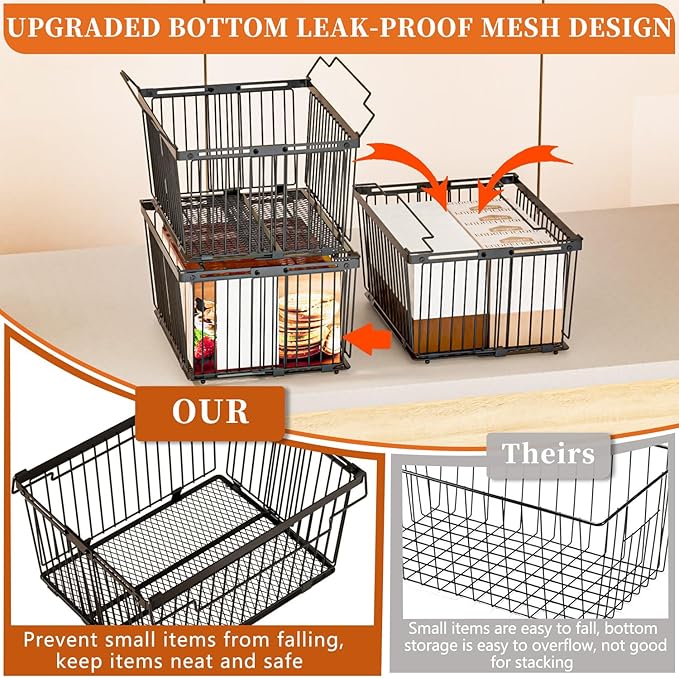 Large Freezer Organizer Bins，Upgraded Bottom Leak-Proof net，Fit 5 to 9 Cu Ft Chest Freezer，3 Pack， Expandable Stackable Chest Freezer Containers with Handle (Black-3Pack)