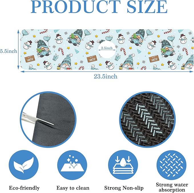 Christmas Gnome Faucet Mat Splash Guard Winter Cute Gnome, Soft Diatom Mud Material, Strong Water Absorption, Non-slip,Easy to Clean for Bathroom, Kitchen 23.5"X5.5"