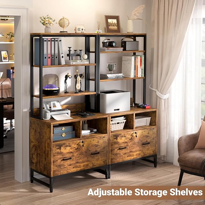 Homieasy File Cabinet with Charging Station, Vertical Filing Cabinet with Lock & Large Drawer, Printer Stand with Storage Shelves, Office Storage Cabinet fits Letter/A4/Legal Size, Rustic Brown