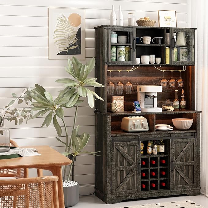 Farmhouse Coffee Bar Cabinet with Sliding Barn Door, Buffet Cabinet with Hutch, Kitchen Pantry Cabinet with Power Outlet & Lighting, Tall Liquor Chest for Home Dining Room, Black
