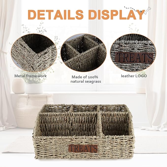 Bratod Dog Storage Organizer Wicker Basket,Dog Treat Container Bin for Countertop,Pet Treats Box with Dividers,Dog Cat Can Food Storage Bin,Pet Treat Station-Natural Woven Seagrass