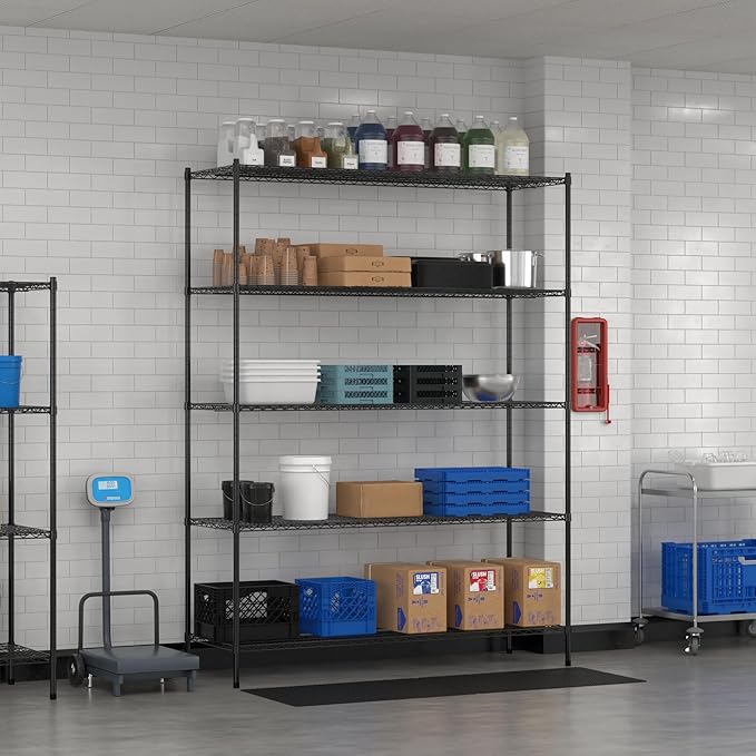 Commercial NSF Listed Black Epoxy Stationary Wire Shelving Kit 24" x 72" x 96", with 5 Shelves Perfect for Warehouse, Walk-in Refrigerator, Freezer, Grocery Store, Restaurant, Dishroom
