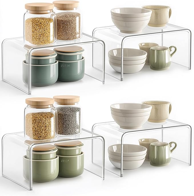 Syntus Cabinet Shelf Organizer, 4 Pack Spice Organization for Cabinet, Seasoning, Plate Organizer Shelf Riser, Clear