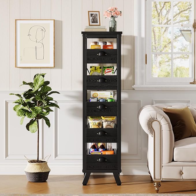 Tribesigns Wood Fruit and Vegetable Storage Rack Set of 2, 5-Tier Narrow Snack Stand Kitchen Stand Fruit Basket, Pull-Out Utility Organizer for Kitchen, Living Room, Black