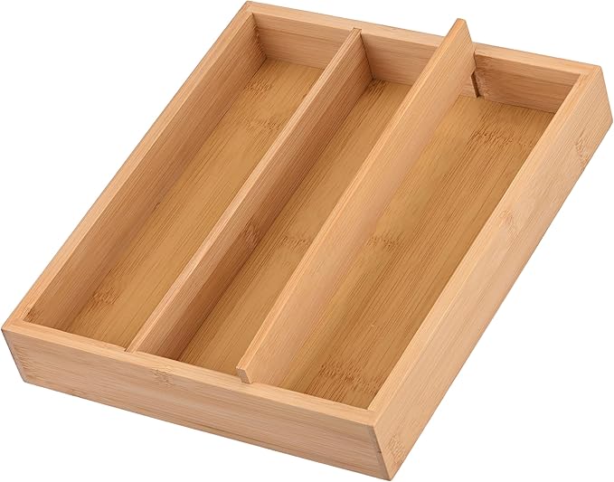 Wooden Silverware Organizer for Drawer, Bamboo Utensil Drawer Organizers, Kitchen Utensil Organizer Tray with 3 Storage Compartments, Flatware Organizers for Cutlery Flatware "9.84 x 8.27 x 1.57"