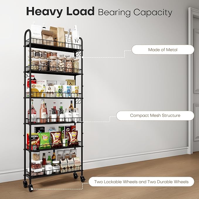 6 Tier Slim Rolling Cart with Wheels, Metal Mobile Shelving Unit Cart, Rolling Utility Carts with Storage for Kitchen, Bathroom, Pantry, Small Spaces (6 Inches-Black)