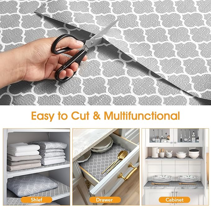 Shinlendid Shelf and Drawer Liner for Kitchen Cabinets Non-Adhesive, Strong Grip Non-Slip Thickened Cabinet Liners for Shelves, Waterproof Mats for Dresser Cupboard, Gray, 12 in x 20 Feet