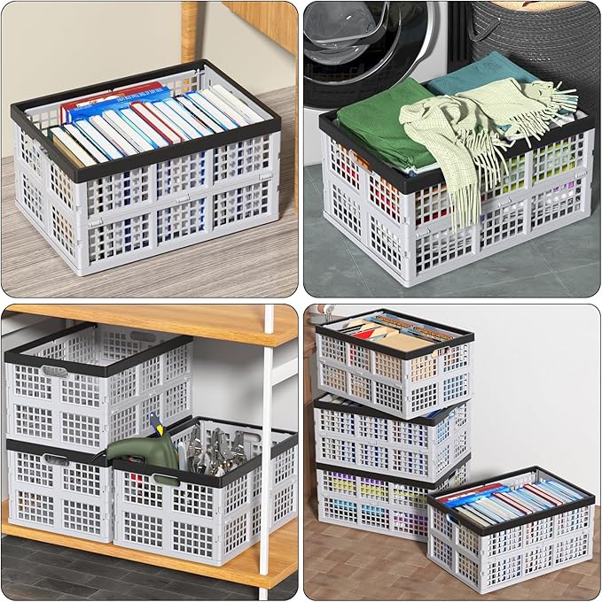 Parlynies 42 L Plastic Stackable Collapsible Storage Crate, 4-Pack Stacking Folding Storage Basket, Utility Crate Basket Containers