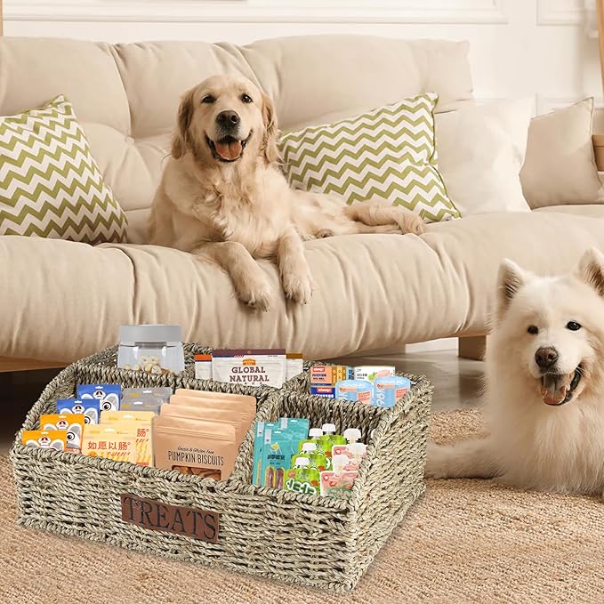 Bratod Dog Storage Organizer Wicker Basket,Dog Treat Container Bin for Countertop,Pet Treats Box with Dividers,Dog Cat Can Food Storage Bin,Pet Treat Station-Natural Woven Seagrass