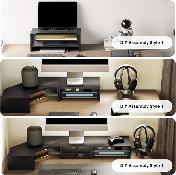 Fenge Monitor Stand, 3-Tier Monitor Riser with Slide-Out Tray, Wooden and Metal Desktop Organizer for Home Office, Computer, Laptop, Printer, Telephone
