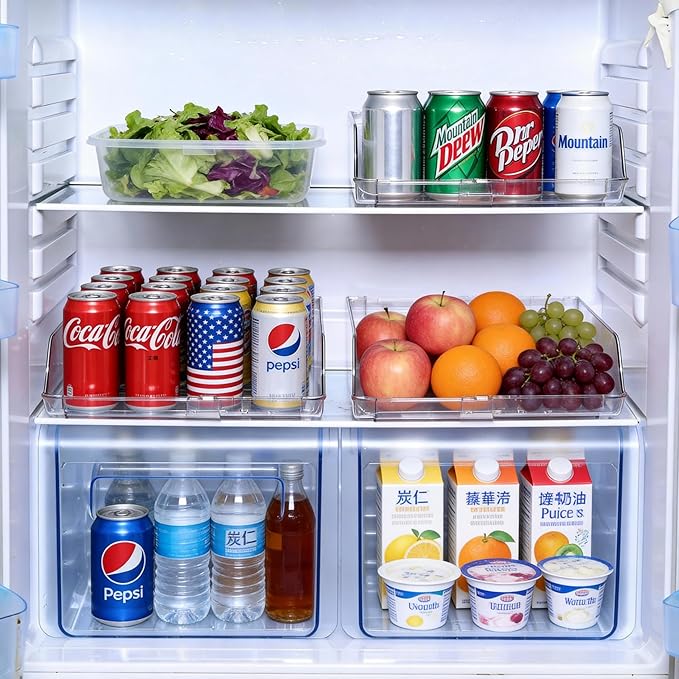 BIINONE Adjustable Soda Can Dispenser for Refrigerator –Expandable Width PET Drink Organizer, Stackable Space-Saving Fridge Organizer for Cans & Bottles – 2 Pack