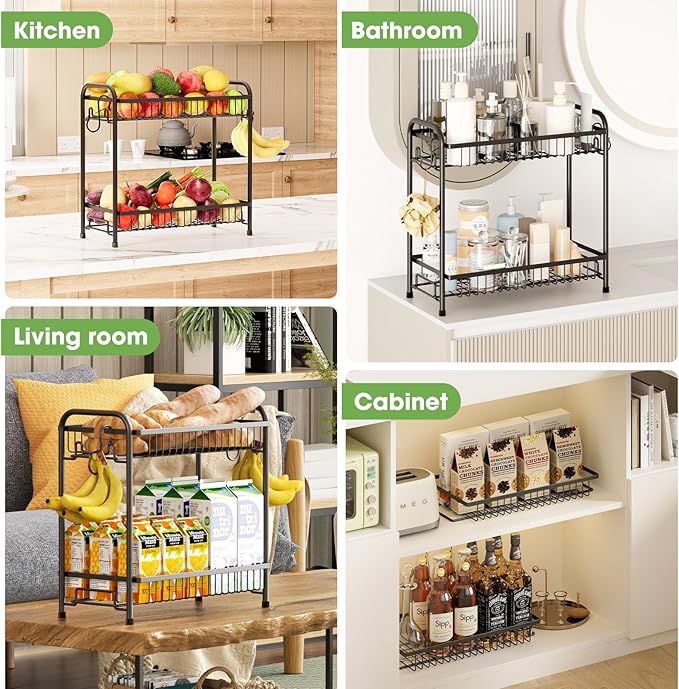 Fruit Basket for Kitchen Counter, Extra Large Fruit Bowl with Banana Hangers, 2 Tier Fruit Holder Stand Countertop Organizer for Vegetable Onion Potato Bread Snack Produce Storage and Display, Black