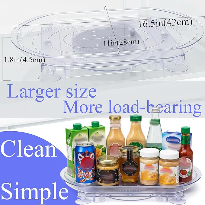 Rectangular Lazy Susan 16.5"x11" for Refrigerator Shelf - 180° Spinning Turntable Organizer with Suction Cups, Fits Fridge, Cabinet, Pantry & Countertop