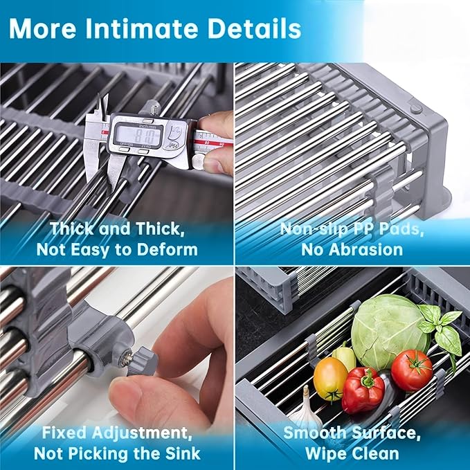 Small Over The Sink Dish Drying Rack - Stainless Steel Expandable Telescopic Drain Basket, Adjustable Kitchen Sink Organizer for Dishes Fruits Vegetables (Grey)