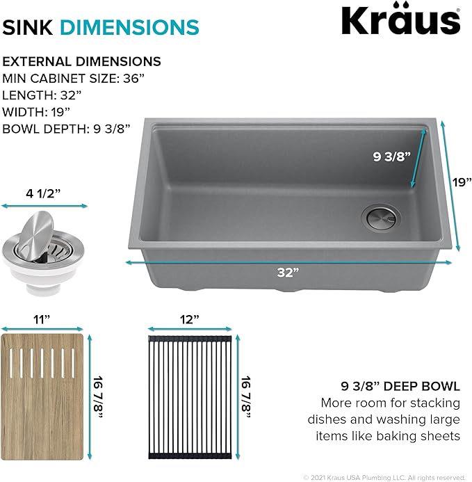KRAUS Kitchen Sink Bellucci 32” Undermount Workstation Granite, Metallic Gray, Accessories, KGUW2-33MGR