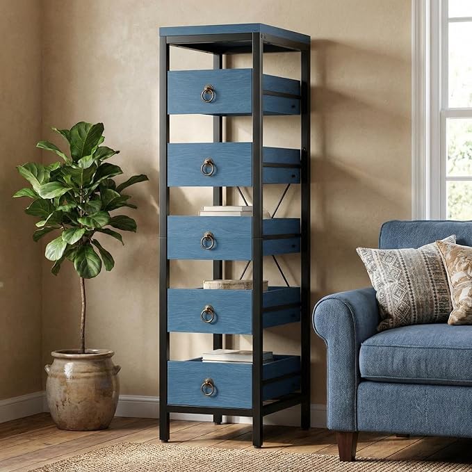 Kitchen Fruit Vegetable Storage Rack, 5-Tier Narrow Snack Fruit Display Stand with 5 Pull-Out Drawers Basket, Utility Organizer Standing Shelf for Kitchen Living Room Bathroom Supermarket, Blue