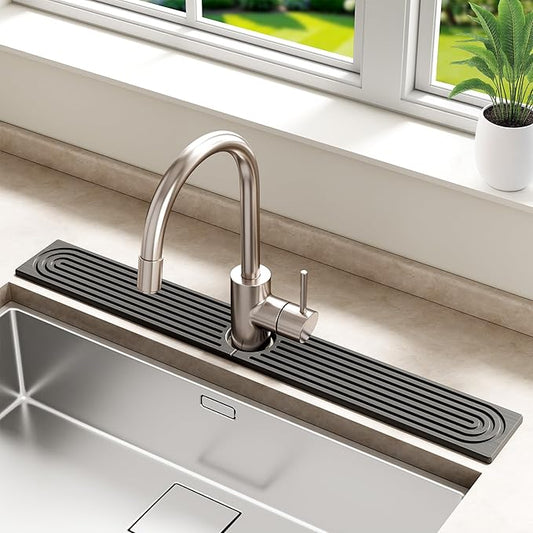 Stone Faucet Mat for Kitchen Sink - Quick Dry Diatomite Sink Splash Guard, Prevents Moisture Buildup & Water Stains, Water Absorbing Stone Tray for Bathroom Countertop (Dark Gray, 30" x 4")