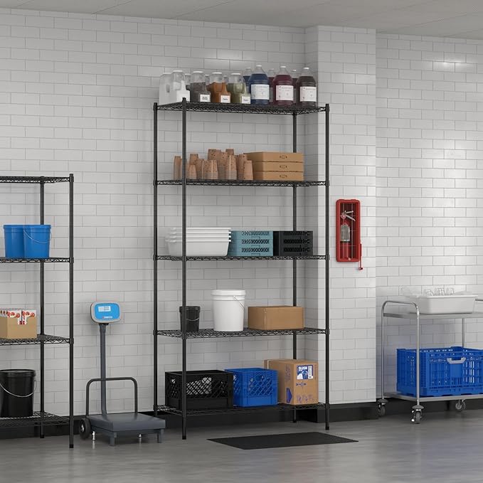 Commercial NSF Listed Black Epoxy Stationary Wire Shelving Kit 21" x 48" x 96", with 5 Shelves Perfect for Warehouse, Walk-in Refrigerator, Freezer, Grocery Store, Restaurant, Dishroom