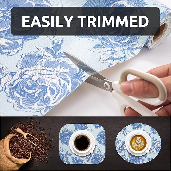 FIFTY FEET 18X96 Inch Shelf Liner for Kitchen Cabinets, PVC Drawer Liner for Dresser Non-Slip Bathroom, Non-Adhesive Cabinet Liner Washable (Blue Flower)(4 Roll)