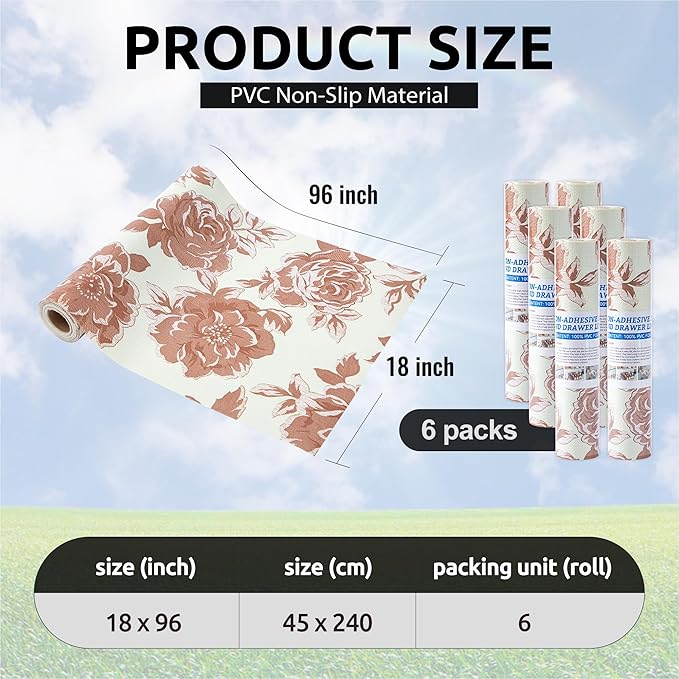 FIFTY FEET 18X96 Inch Shelf Liner for Kitchen Cabinets, PVC Drawer Liner for Dresser Non-Slip Bathroom, Non-Adhesive Cabinet Liner Washable (Red Flower)(6 Roll)