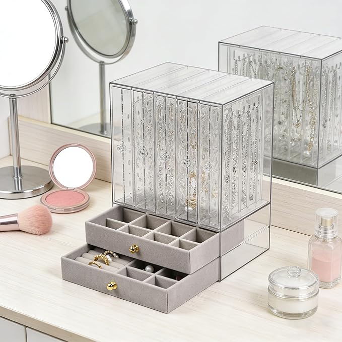 Greenfeather Jewelry Organizer with 7 Removable Drawers, Clear Acrylic Jewelry Box with 40 Necklace Hooks, 120 Pairs of Earring Holes, 2 Velvet-Lined Drawers for Rings, Necklaces, Earrings,Gray