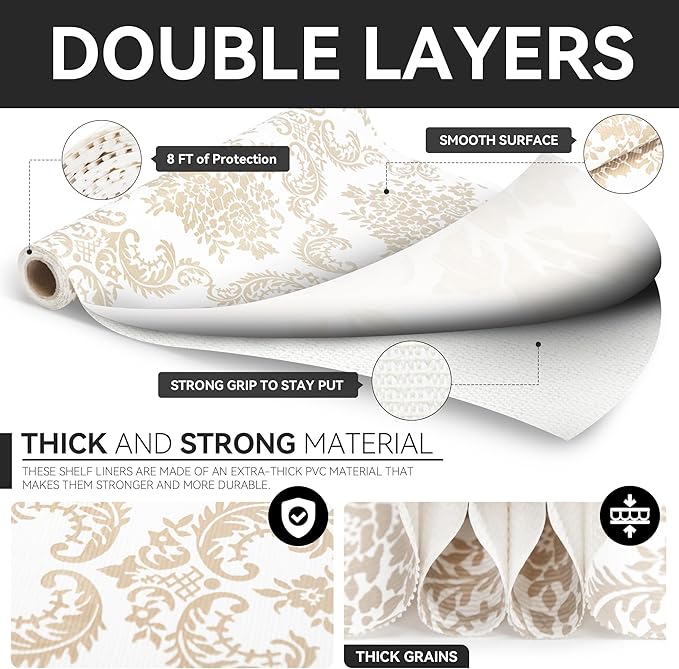 RAY STAR Shelf Liner, Non Adhesive Golden Damask Floral Cabinet Liner for Pantry Drawer, Strong Grip Non Slip Waterproof, Shelf Liners for Kitchen Cabinets Organization 18 Inch x 8 FT (4 Rolls)