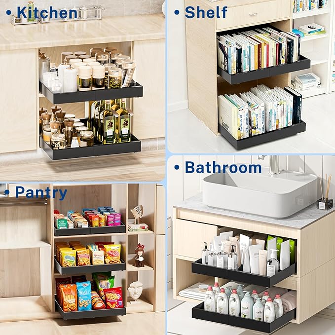 2 Pack Pull Out Cabinet Organizer Expandable Width(12.2"-20.47") & 21"Deep, Insputer Slide Out Drawers for Kitchen, Pantry with Magnetic Panel, Upgrade 3 Slide Rails, No Drill Adhesive Roll Out Shelf