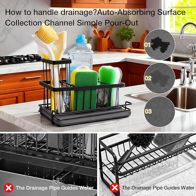 Kitchen Sink Caddy Organizer with Fast Drying Stone Tray, Rustproof Stainless Steel Sponge Holder for Kitchen Countertop, Diatomaceous Earth Mat for Soap Scrubber & Brush