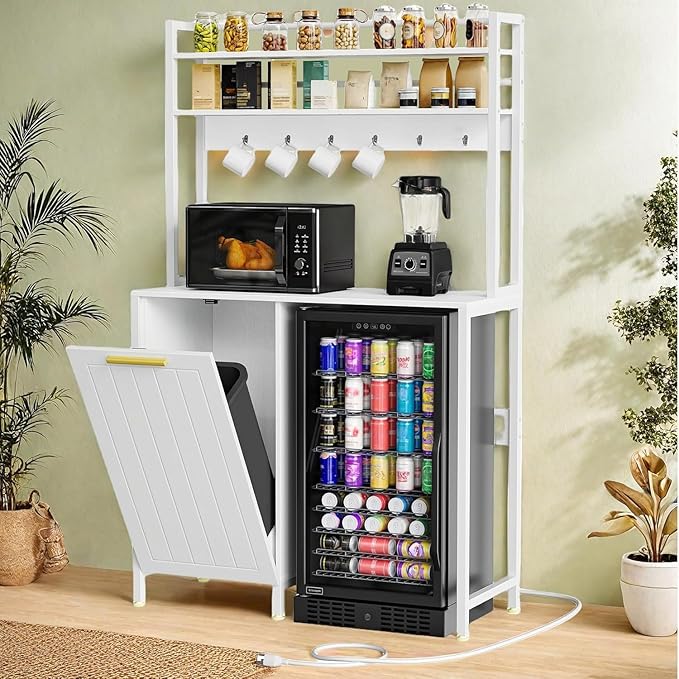 YITAHOME 4-Tier Kitchen Pantry Cabinet with Mini Fridge Space, Trash Can Storage & Power Outlet, Freestanding Storage Organizer for Microwave, Coffee Bar & Dining Room, White