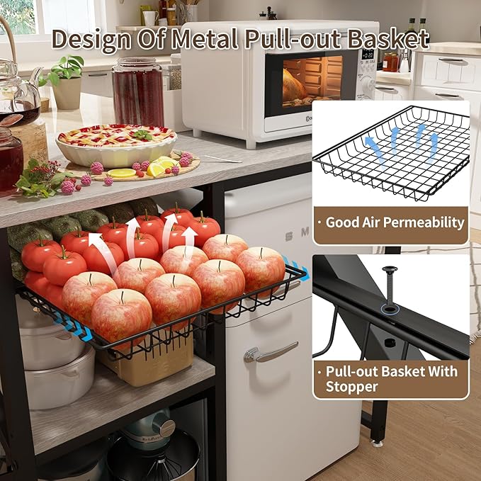Kitchen Bakers Rack with Power Outlet,Mini Fridge Cabinet with Mesh Basket, Mini Fridge and Microwave Table with Storage for Office,Kitchen,Living Room,Coffee Bar,Patio,Greige