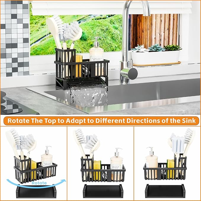 Yieach Rustproof Kitchen Sink Caddy Organizer,Durable Plastic Scrubber,Drain,Dish Sponge Holder,Dish Soap Rack and Dispenser,Multifunctional Kitchen Sink Counter Storage Organization Accessories,Black