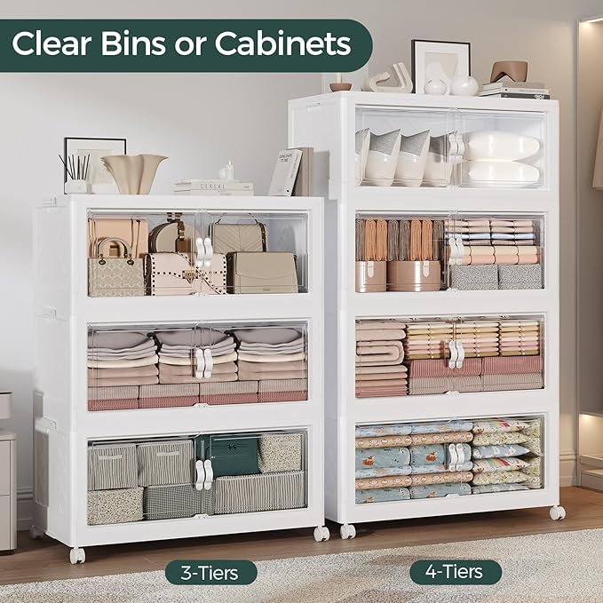 Atrasee 900QT Extra Large Stackable Storage Bins with Lid, 225Gal Collapsible Closet Organizer Box with Wheels, Folding Plastic Storage Cabinet with Doors for Home Bedroom Office Dorm, 5Pack White