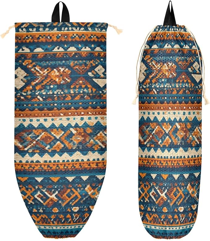 Plastic Bag Holder Wall Mount Grocery Bag Shopping Bag Storage Holder Organizer Dispenser with Adhesive Hook,for Kitchen Bathroom Home Decor 9x22 Inches Blue Brown Retro Pattern Bohemian21