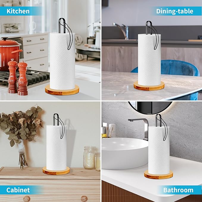 Wood Paper Towel Holder Countertop, TONLEA Kitchen Paper Towel Holder FreeStanding with Fixer for Kitchen and Bathroom Organization, Kitchen Roll Holder for Standard and Large Rolls