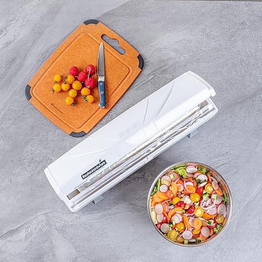 Restaurantware-Chef 101 Food Wrap Dispenser with Cutter, 1 Refillable Cling Wrap Dispenser - Fits 12â€ to 18â€ x 2000â€™ Rolls, Press Down and Cut, White Plastic Aluminum Foil, Sharp Blade