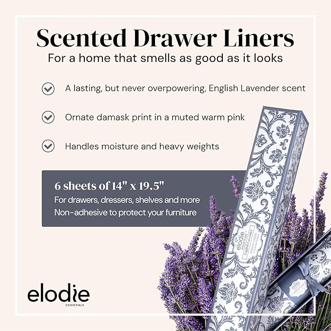 Elodie Essentials Drawer Liner Paper - 14" x 19.5", 6 Pack, Royal Damask, English Lavender - Non Adhesive Shelf Paper, Lavender Scented Drawer Liners for Bedroom Dresser, Home Gift Scented Sheets