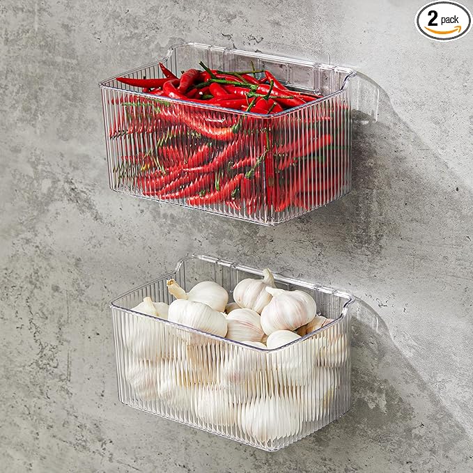 2 Pack Adhesive Spice Rack Wall Mount, 8.1" x 4.5" x 4.3", Cabinet Door Organizer Clear Acrylic Shelf, No-Drilling Small Hanging Basket for Kitchen Pantry, Shower Caddy for Bathroom