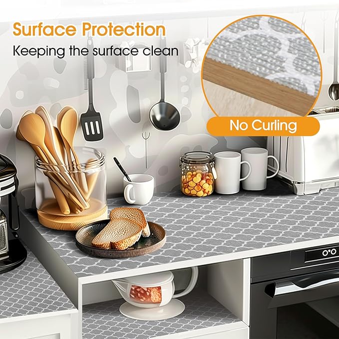 Shinlendid Shelf and Drawer Liner for Kitchen Cabinets Non-Adhesive, Strong Grip Non-Slip Thickened Cabinet Liners for Shelves, Waterproof Mats for Dresser Cupboard, Gray, 23 in x 30 Feet