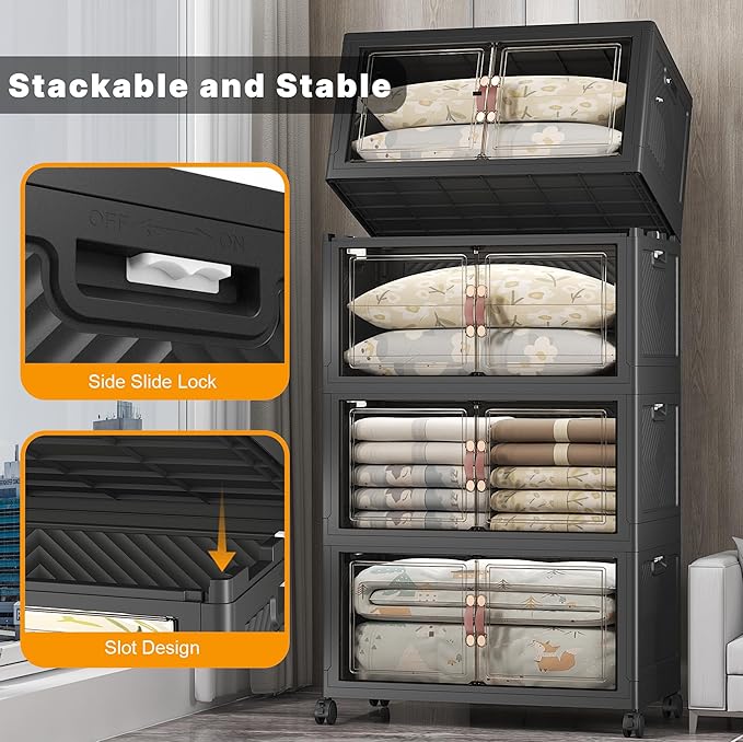 Stackable Storage Bins with Lids & Wheels & Door, Foldable Collapsible Closet Organizers, Extra Large Plastic Storage Drawers for Bedroom Dorm Office Garage (Dark-160qt, 4Pack with 1 top lid)