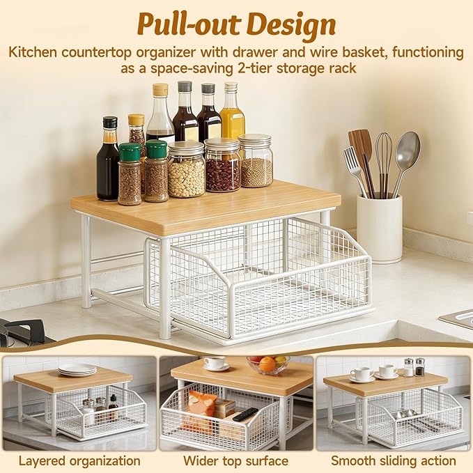 Kitchen Countertop Organizer with Drawer and Wire Basket, 2-Tier Hardwood Shelf for Microwave, Coffee Maker—Sliding Drawer for Fruit Storage, Space-Saving Kitchen Pantry Organizer with Counter Shelf