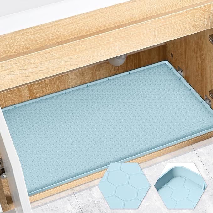FORWOS Waterproof Under Sink Mat 34" x 22", Silicone Cabinet Liner, Rubber Protector for Kitchen and Bathroom, Keeps Cabinets Clean, Dry, and Organized (Blue)