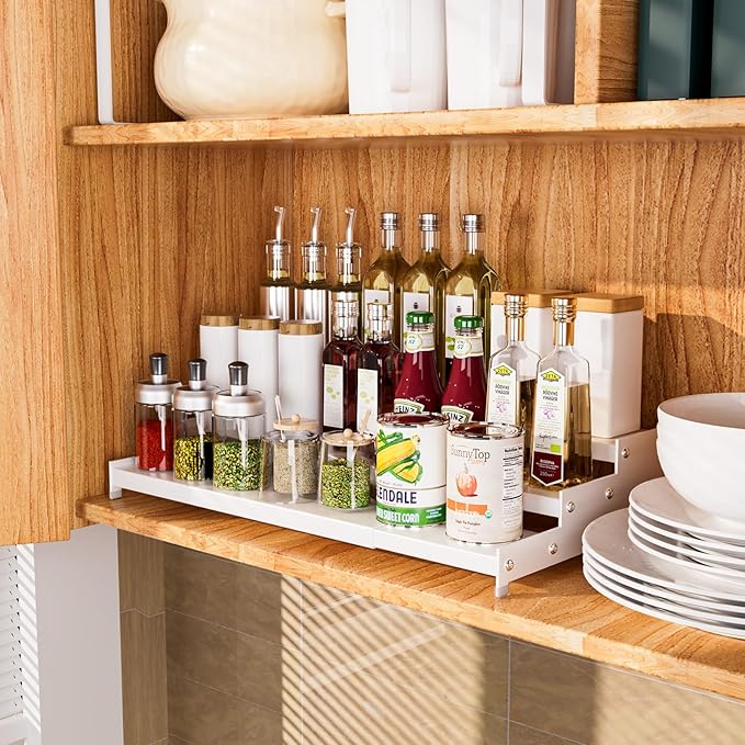 Expandable Carbon Steel Spice Rack Organizer for Pantry, Adjustable 3-Tier Ladder Shelf,Holds Up to 24 Cans,Kitchen Countertop Organizer, Rustproof Storage Rack for Spices, Cans, Sauces & Dry Goods