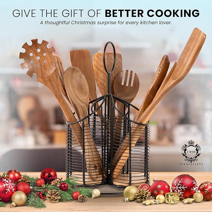 360° Rotating Utensil Holder with 9-Piece Acacia Wood Utensil Set - 100% Plastic-Free Kitchen Organizer - Large 3 Compartment Metal Countertop Crock for Spatulas & Cooking Tools (Black)