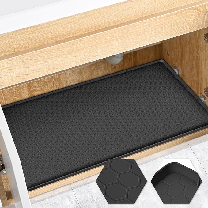 FORWOS Waterproof Under Sink Mat 28" x 19", Silicone Cabinet Liner, Rubber Protector for Kitchen and Bathroom, Keeps Cabinets Clean, Dry, and Organized (Black)