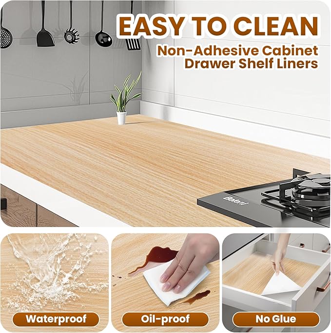 Drawer Shelf Liner for Kitchen Cabinets Non-Adhesive, Non Slip Shelf Paper Waterproof Thickened Cabinet Liners for Shelves, Strong Grip Mats for Cupboard, Dresser, Pantry, Beige, 17.5 in x 39.37 FT