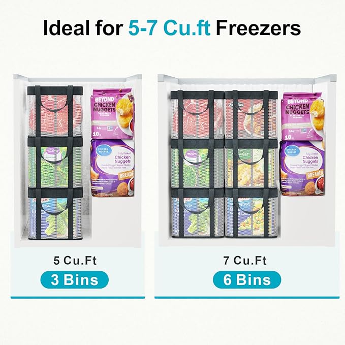 iSPECLE Freezer Organizer Bins, 3 Pack 15" Large Stackable Deep Freezer Organizer Bins for 5 to 7 Cu.Ft Chest Freezer, Sturdy Fabric & Stainless Steel for Meat & Vegetables, Easy Access, White