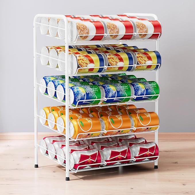 smusei Can Rack Organizer for Pantry 5 Tier Adjustable Soda Can Dispenser Holds up to 60 Cans Can Storage Organizer Pantry for Cabinet Canned Foods and Drinks, White