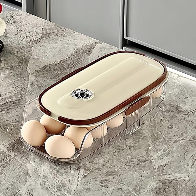 Egg Holder for Fridge: Automatic Rolling Egg Container Egg Dispenser Egg Storage Organizer for Refrigerator with Handle and Freshness Indicator (Single Layer)
